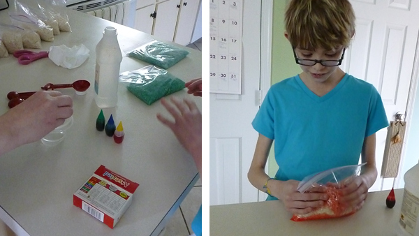 Ingredients for rainbow rice for sensory bins