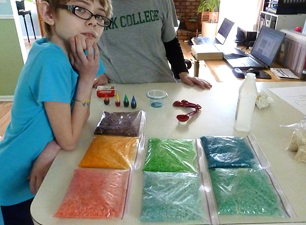 Rainbow rice for sensory bins, before drying