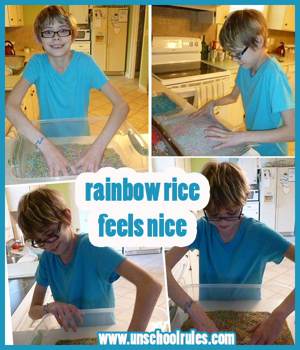 Making rainbow rice for sensory bins in homeschooling