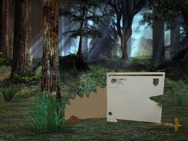 MAKEDO dinosaur out of recycled boxes, Photoshopped into a forest