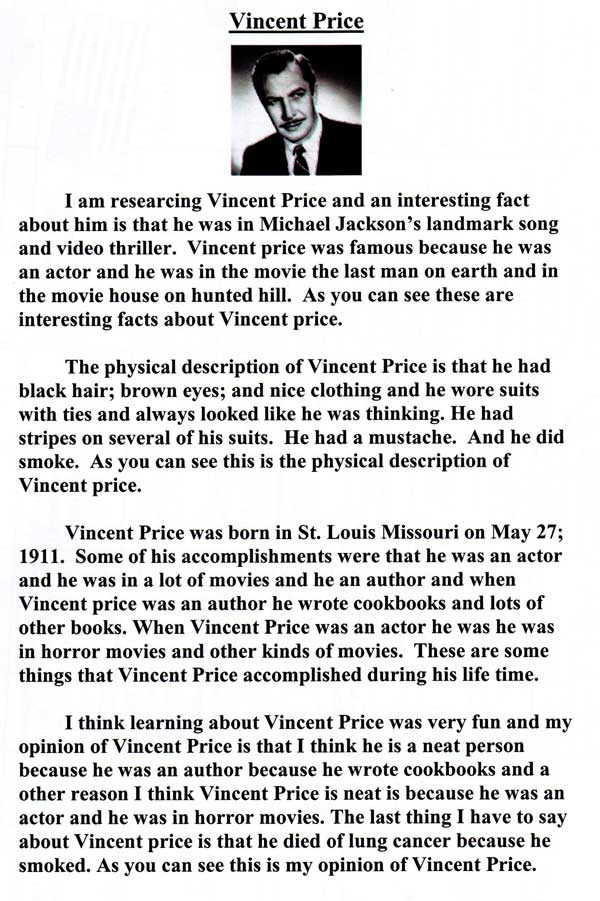 Essay about Vincent Price by a fourth-grader