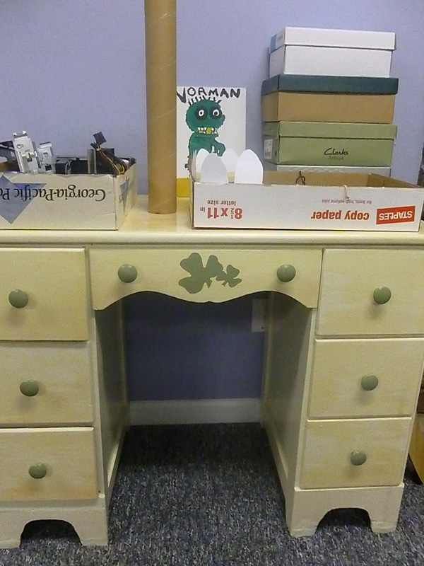 Desk in finished basement rec room