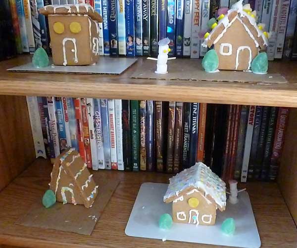 Four gingerbread houses from a kit