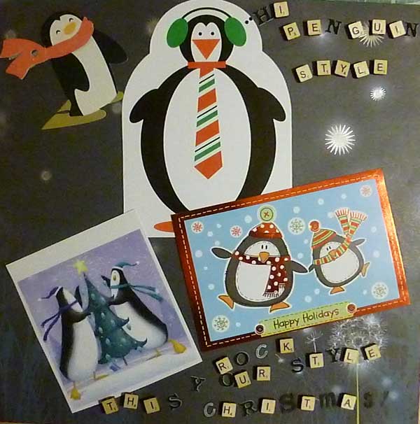 Christmas collage made from recycled cards, penguin themed