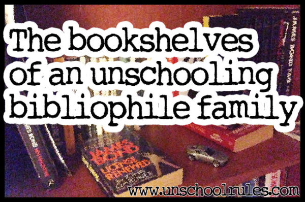 Unschool Rules bookshelves of an unschooling family