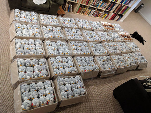 Unschooling in July 2017 on Unschool Rules: That's 30 dozen stuffed penguins, getting ready to be given away as part of the Pengins for Everyone project. 30. Dozen. Stuffed. Penguins.