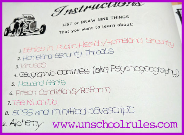 Unschool Rules: Joan's list of learning topics from her Thinking Tree journal