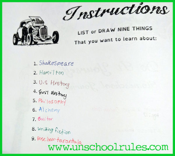 Unschool Rules: 17-year-old Ashar's interest list from her Thinking Tree Journal.