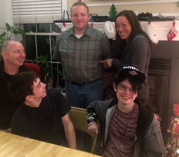 Unschooling in December 2017 on Unschool Rules: A scene from our Christmas dinner with Chris' sister, Adriane, her son, Jacob, and her boyfriend, Roy. They were silly.