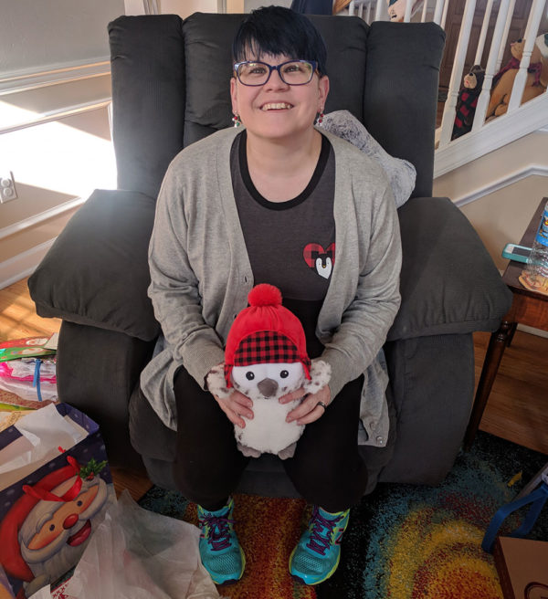 Unschooling in December 2017 on Unschool Rules: This is my new owl, Timber. His hat matched the background of the penguin on my shirt!