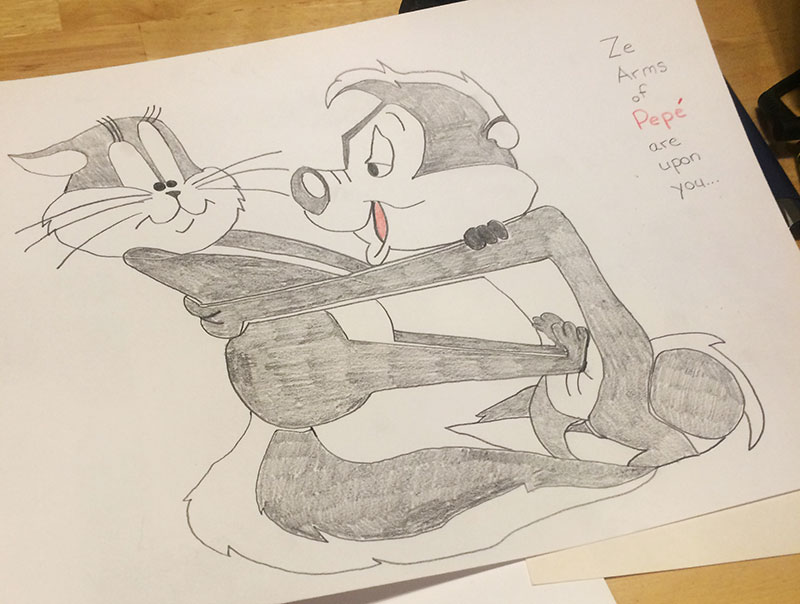 Unschool Rules unschooling in March 2018: Chris made this amazing drawing of Pepe Le Pew and his cat friend.